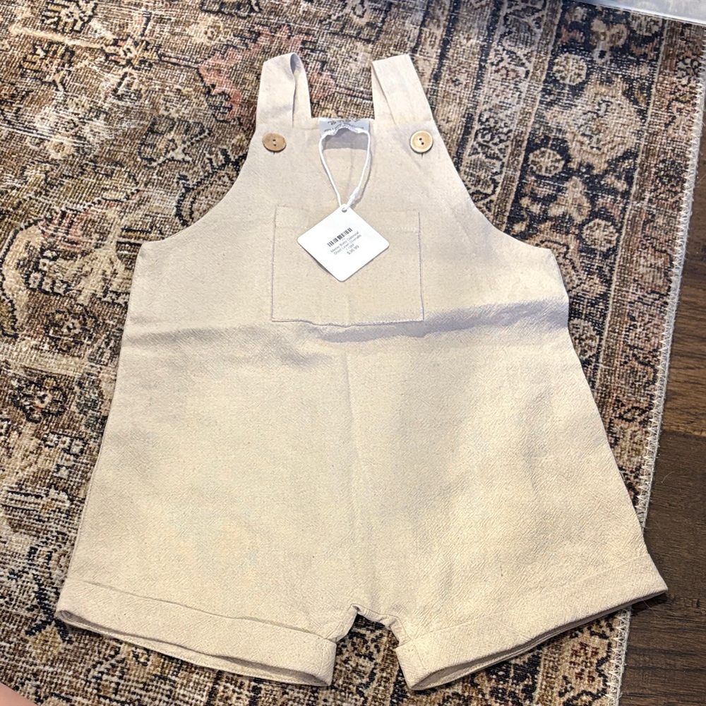 Toddler Cream Linen-Blend Overall Shorts with Front Pocket